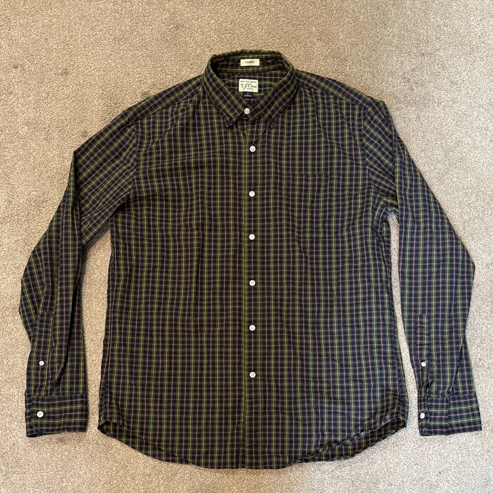 J. Crew Green Navy Plaid Classic Fit Long Sleeve Button Down Shirt Size L